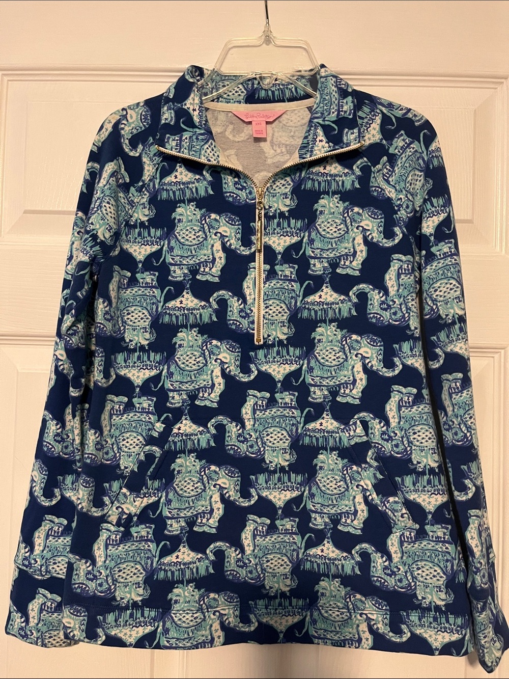 Lilly Pulitzer Navy Blue Printed Quarter-Zip Sweater with Aqua Accents
